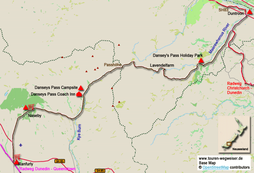 Karte zur Radtour von Duntroon nach Ranfurly über Dansey's Pass