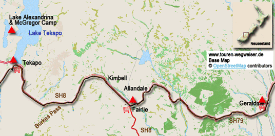 Karte zur Radtour von Geraldine zum Lake Tekapo