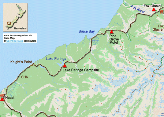 Karte zur Radtour von Haast nach Fox Glacier