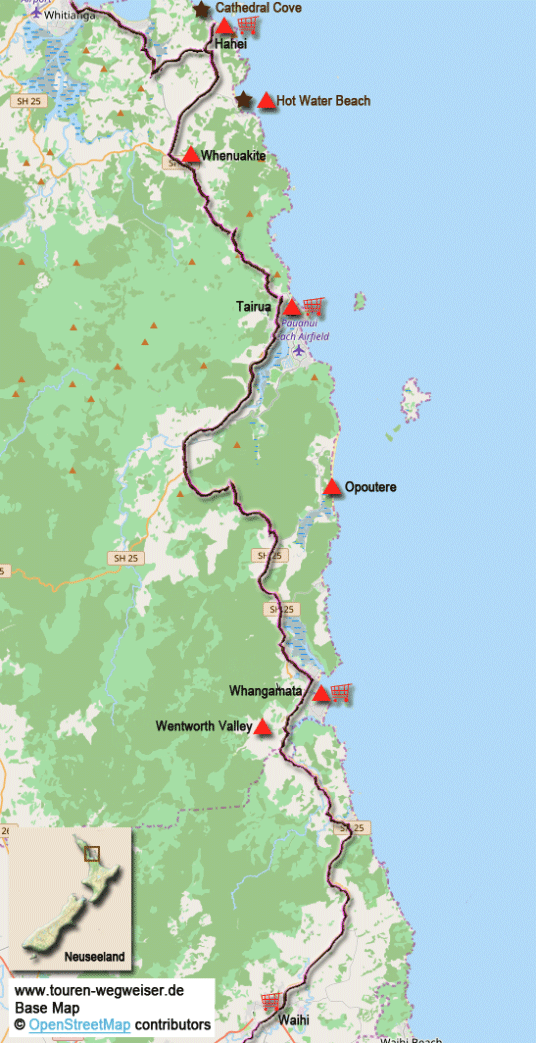 Karte zur Radtour von Hahei nach Waihi