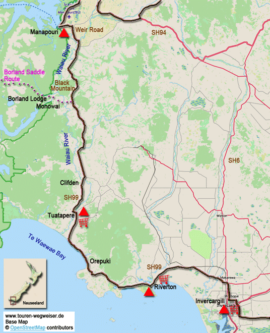 Karte zur Radtour von Manapouri nach Invercargill