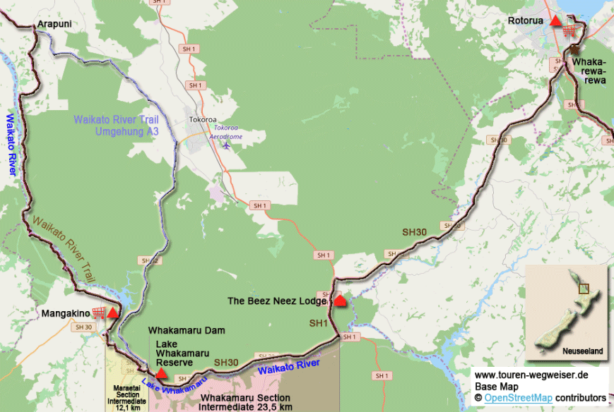 Karte zur Radtour von Mangakino nach Rotorua