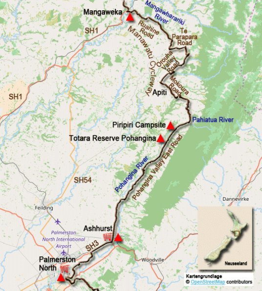 Karte zur Radtour von Mangaweka nach Palmerston North