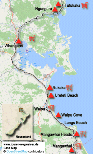 Karte zur Radtour von Mangawhai nach Tutukaka