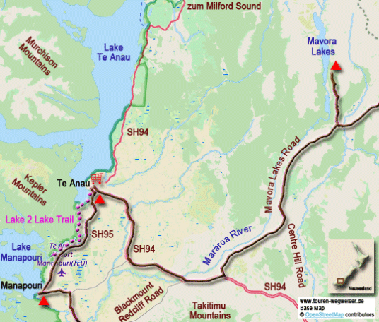 Karte zur Radtour von den Mavora Lakes nach Manapouri