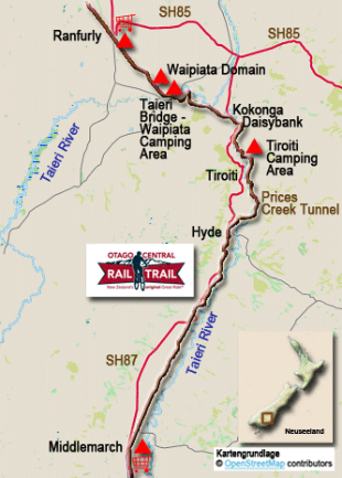 Karte zur Radtour von Middlemarch nach Ranfurly