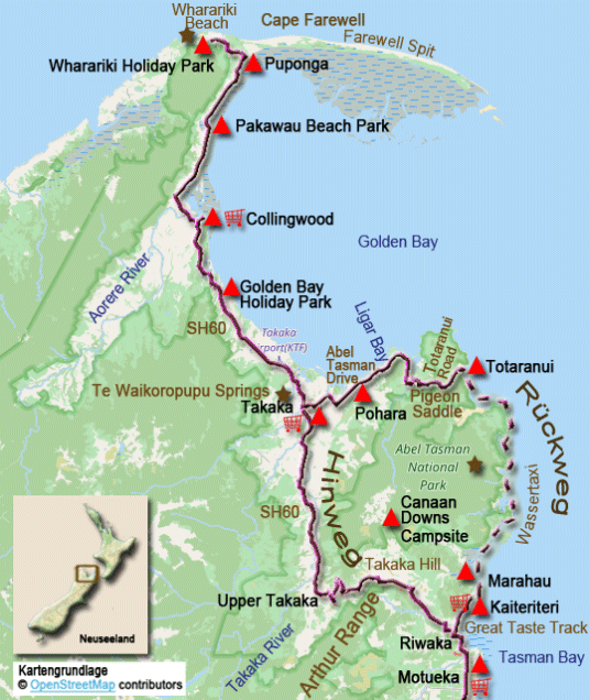 Karte zur Radtour von Motueka zum Cape Farewell und zurück