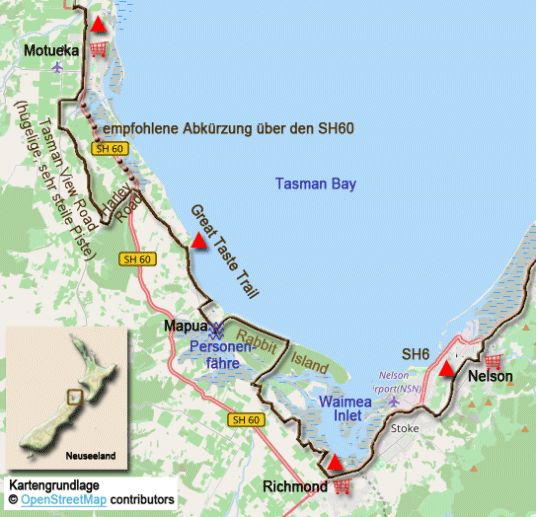 Karte zur Radtour von Nelson nach Motueka