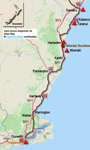 Karte zur Radtour von Oamaru nach Dunedin