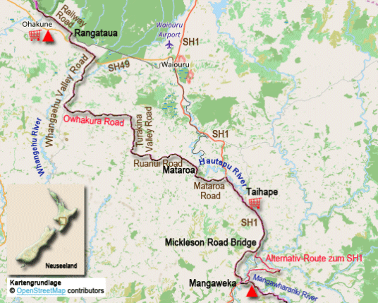 Karte zur Radtour von Ohakune nach Mangaweka
