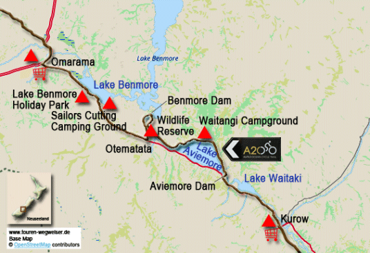 Karte zur Radtour von Omarama nach Kurow