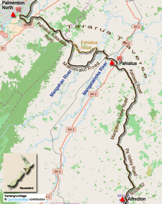 Karte zur Radtour von Palmerston North nach Alfredton