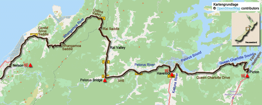 Karte zur Radtour von Picton nach Nelson