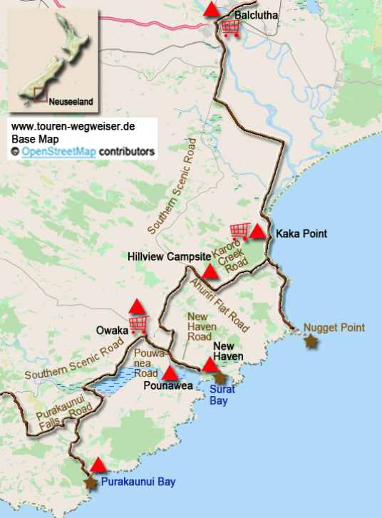 Karte zur Radtour von der Purakaunui Bay nach Balclutha