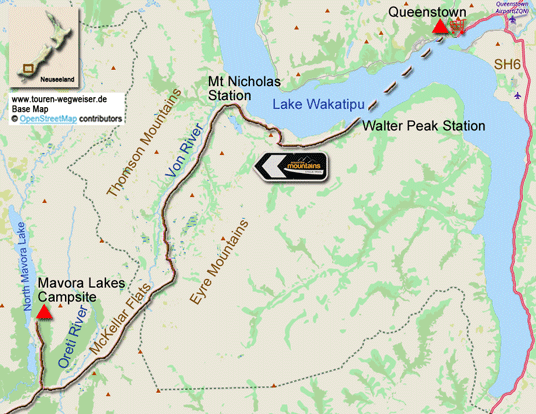 Karte zur Radtour von Queenstown zu den Mavora Lakes