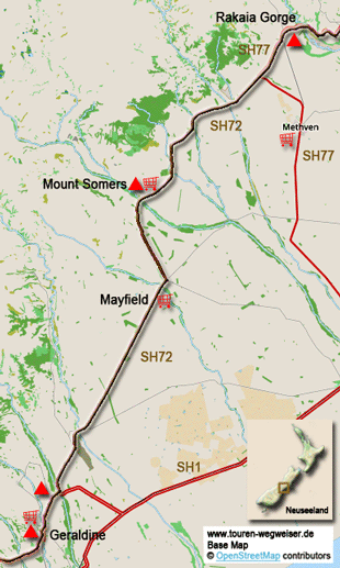 Karte zur Radtour von der Rakaia Gorge nach Geraldine