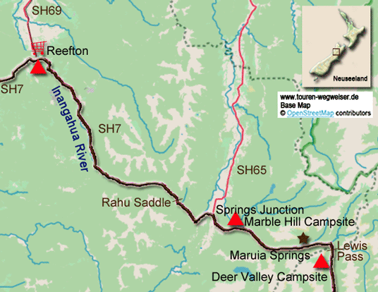 Karte zur Radtour von Reefton zum Deer Valley Campsite