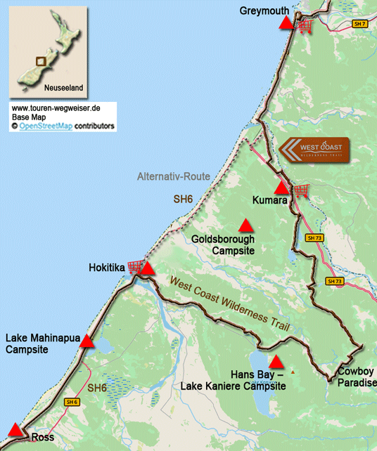 Karte zur Radtour von Ross nach Greymouth