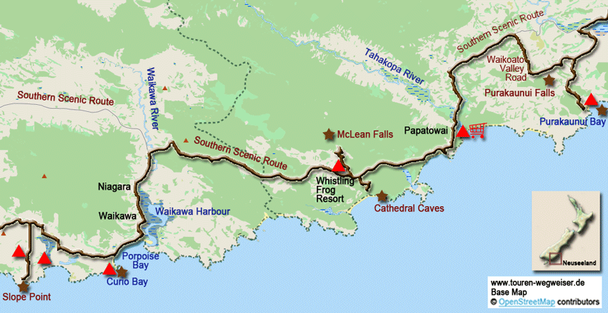 Karte zur Radtour vom Slope Point zur Purakaunui Bay