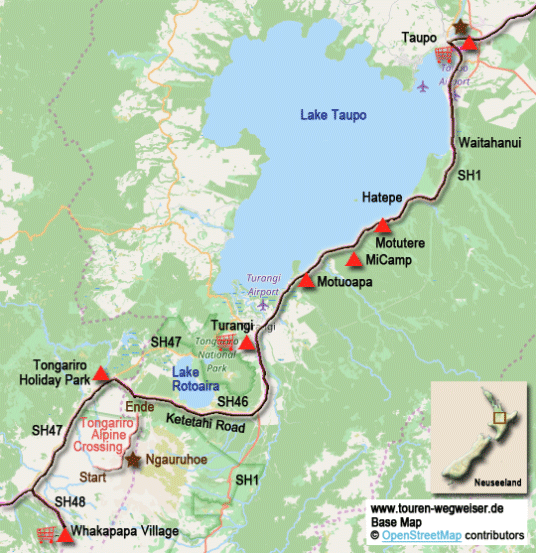 Karte zur Radtour von Taupo zum Whakapapa Village