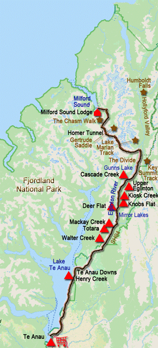 Karte zur Radtour von Te Anau zum Milford Sound