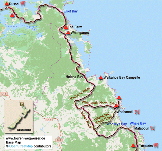 Karte zur Radtour von Tutukaka nach Paihia