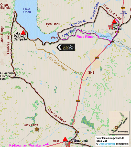 Karte zur Radtour von Twizel nach Omarama