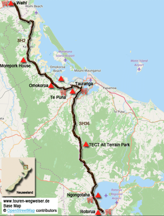 Karte zur Radtour von Waihi nach Rotorua