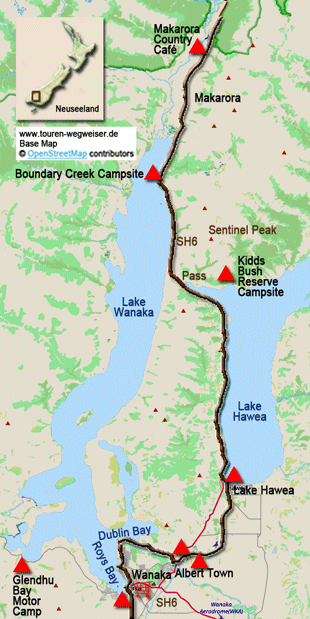 Karte zur Radtour von Wanaka nach Makarora