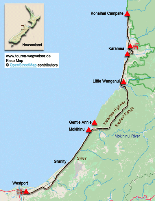 Karte zur Radtour von Westport nach Karamea