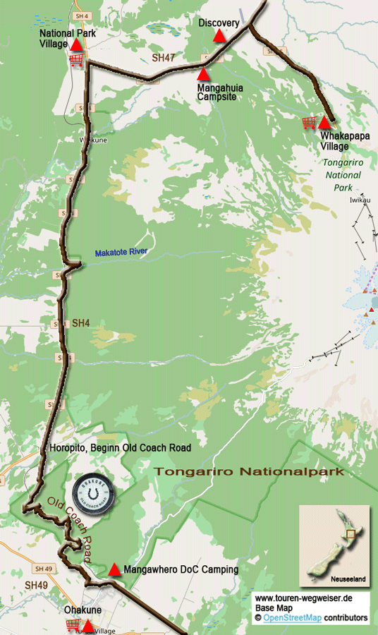 Karte zur Radtour von Whakapapa Village nach Ohakune