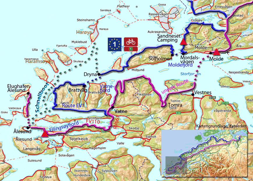 Karte zur Radtour von Molde nach Ålesund.