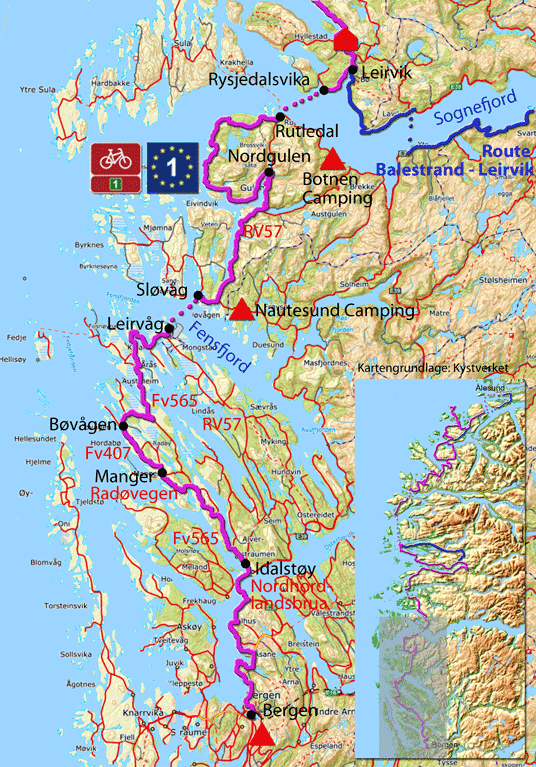 Karte zur Radtour von Bergen nach Leirvik am Sognefjord