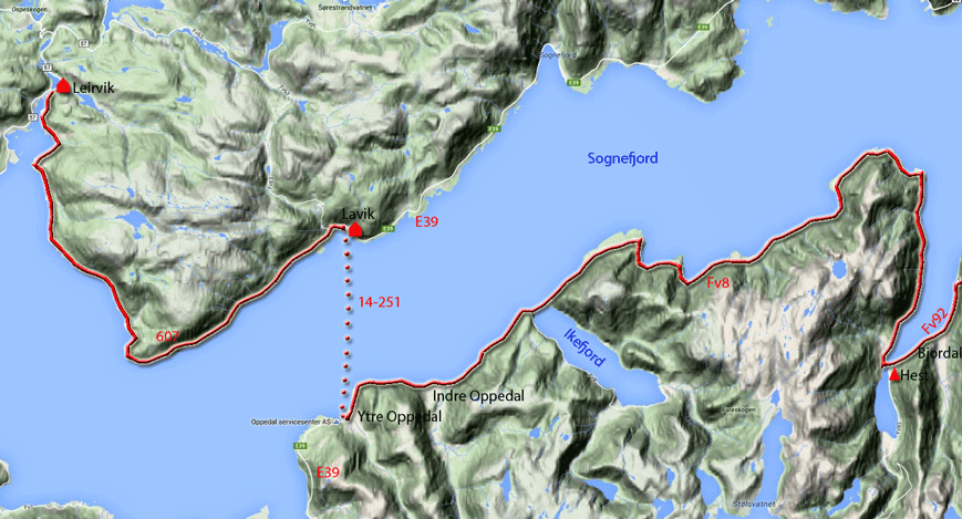 Karte zur Radtour von Bjordal nach Leirvik