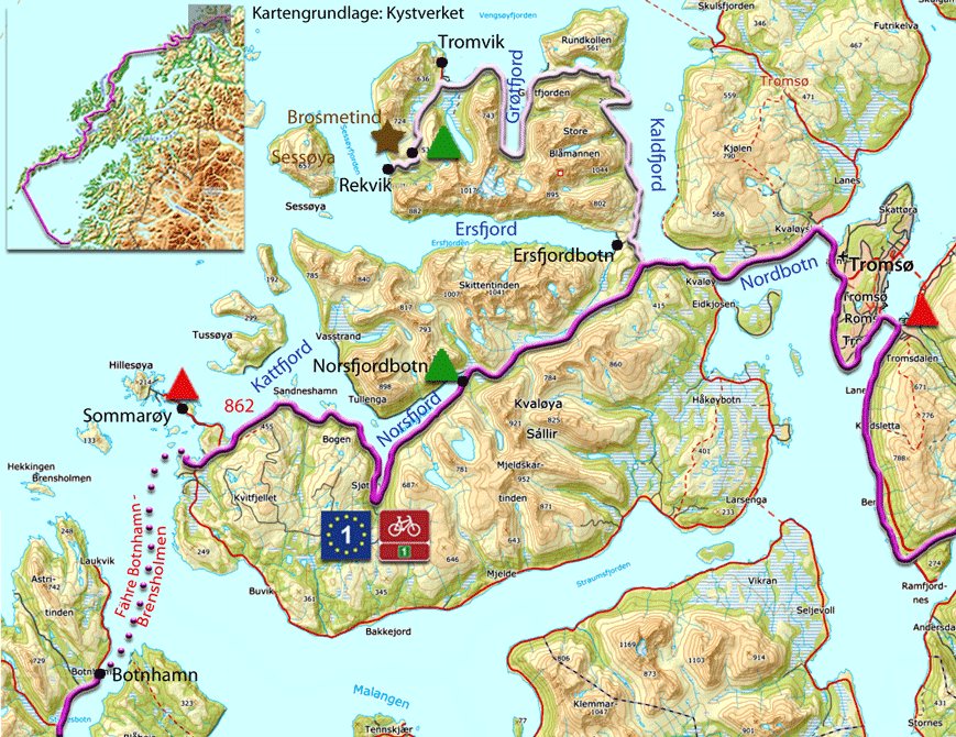 Karte zur Radtour von Botnhamn nach Tromsø