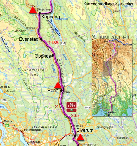 Karte zur Radtour von Elverum nach Koppang