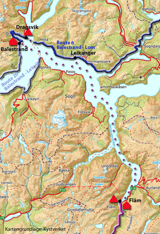 Karte zur Radtour von Flåm nach Leikanger und Balestrand, Norwegen