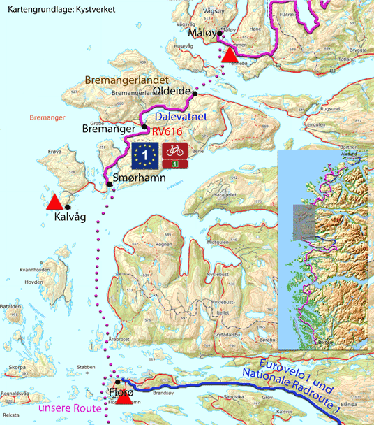 Karte zur Radtour von Florø nach Måløy