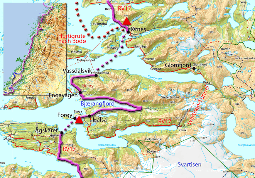 Karte zur Strecke von Forøy nach Ørnes