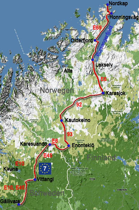 Karte zur Radtour von Gällivare zum Nordkap
