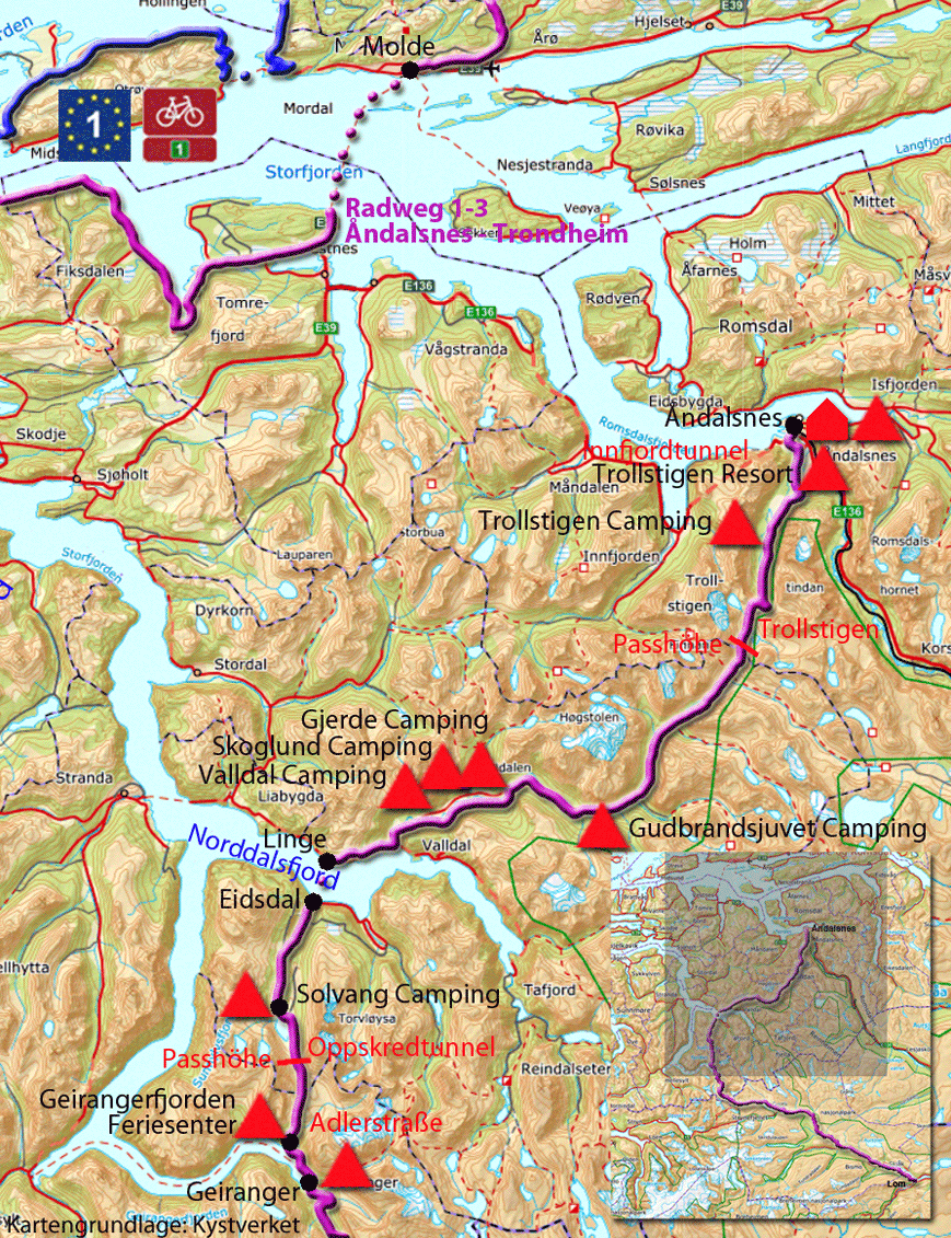 Karte zur Radtour von Geiranger nach Åndalsnes