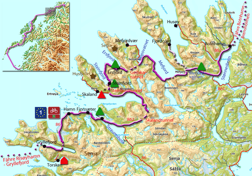 Karte zur Radtour von Gryllefjord nach Botnhamn