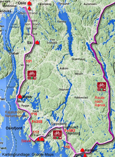 Karte zur Radtour von Halden nach Oslo