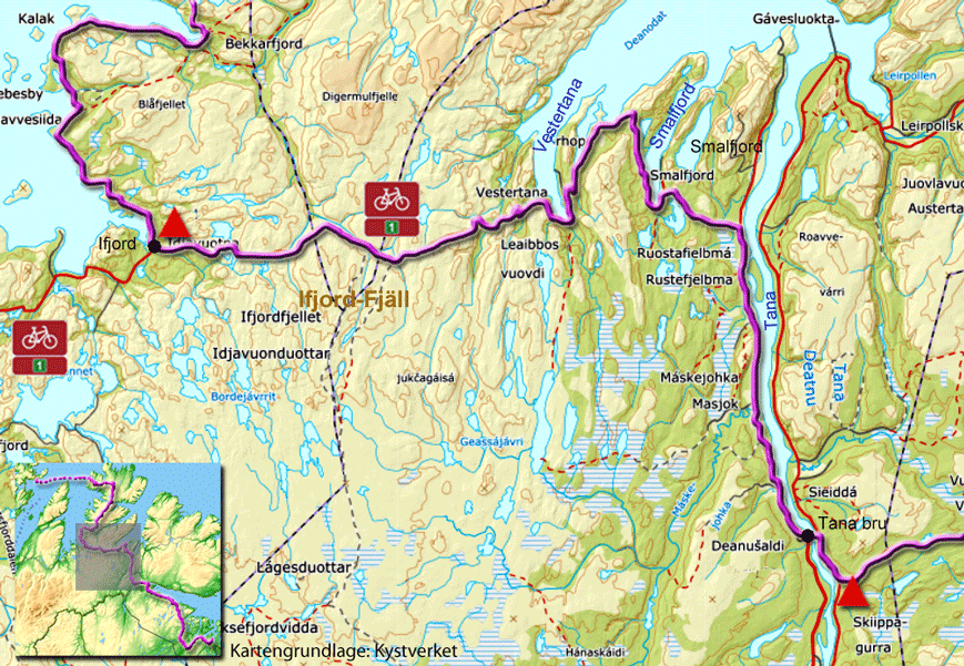 Karte zum Radweg von Ifjord nach Tana bru