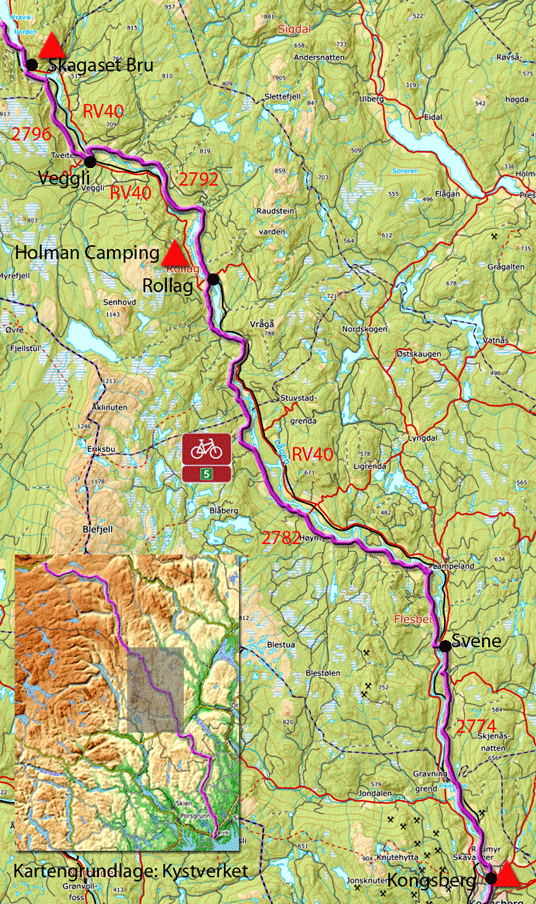Karte zur Radtour von Kongsberg zur Skagaset Bru