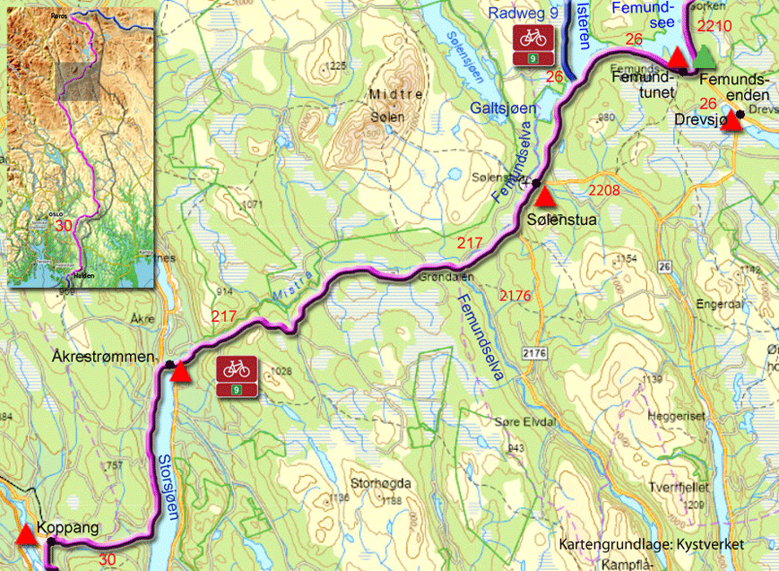 Karte zur Radtour von Koppang nach Femdundsenden, Norwegen