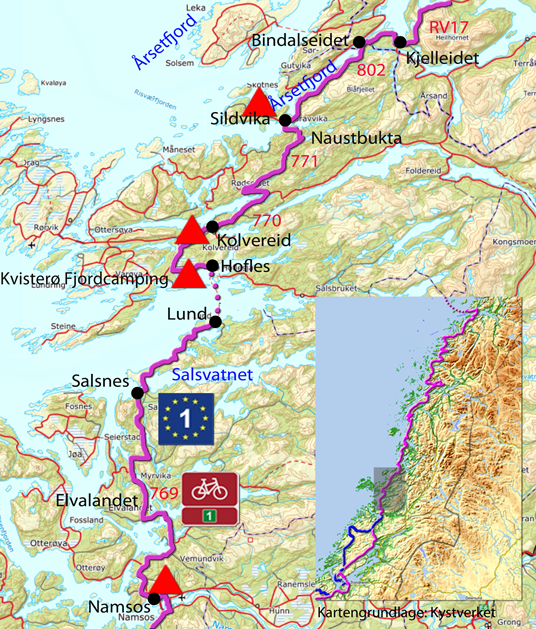 Karte zur Radtour von Namsos nach Kjelleidet.