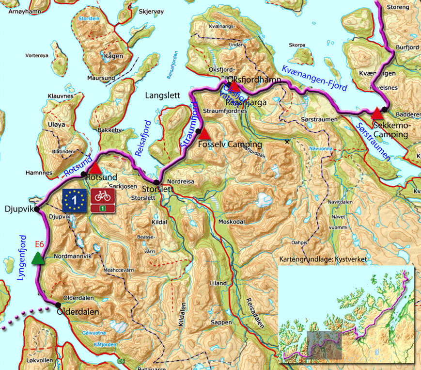 Karte zur Radtour von Olderdalen nach Sørstraumen