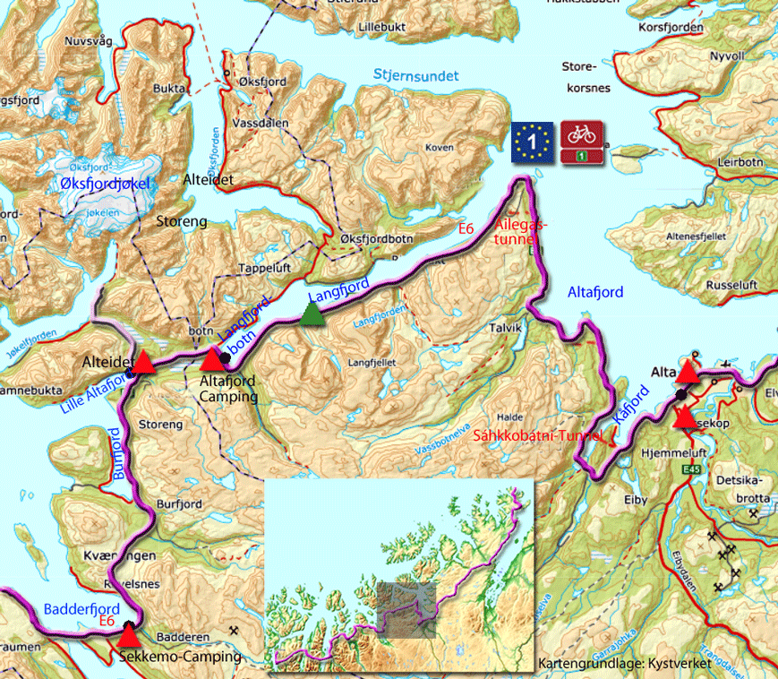 Karte zur Radtour vom Sørstraumen nach Alta