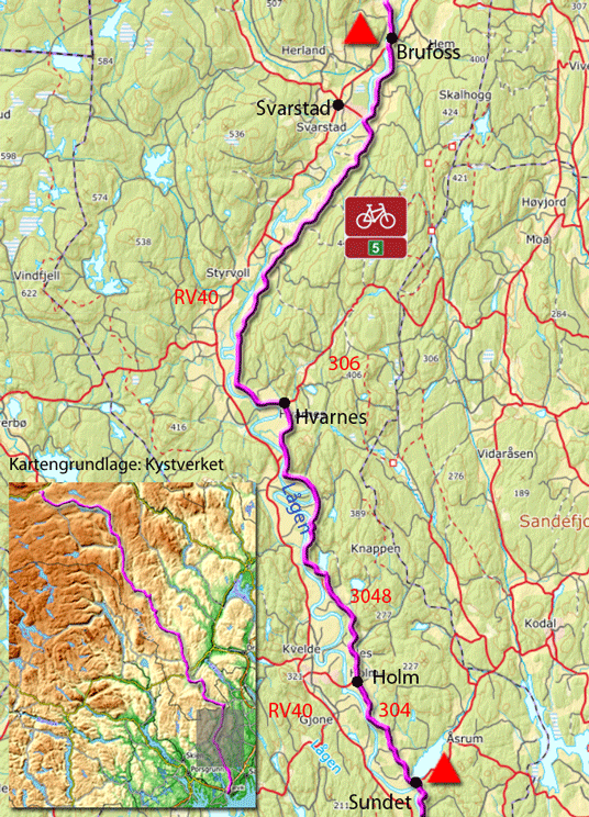 Karte zur Radtour von Sundet nach Brufoss